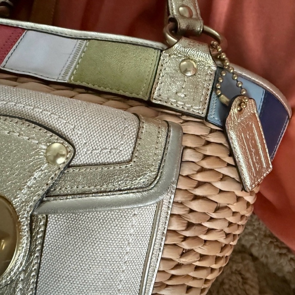 Coach Raffia/Straw Tote with Multicolor Leather Trim and Metallic Gold Accents - Picture 3 of 7